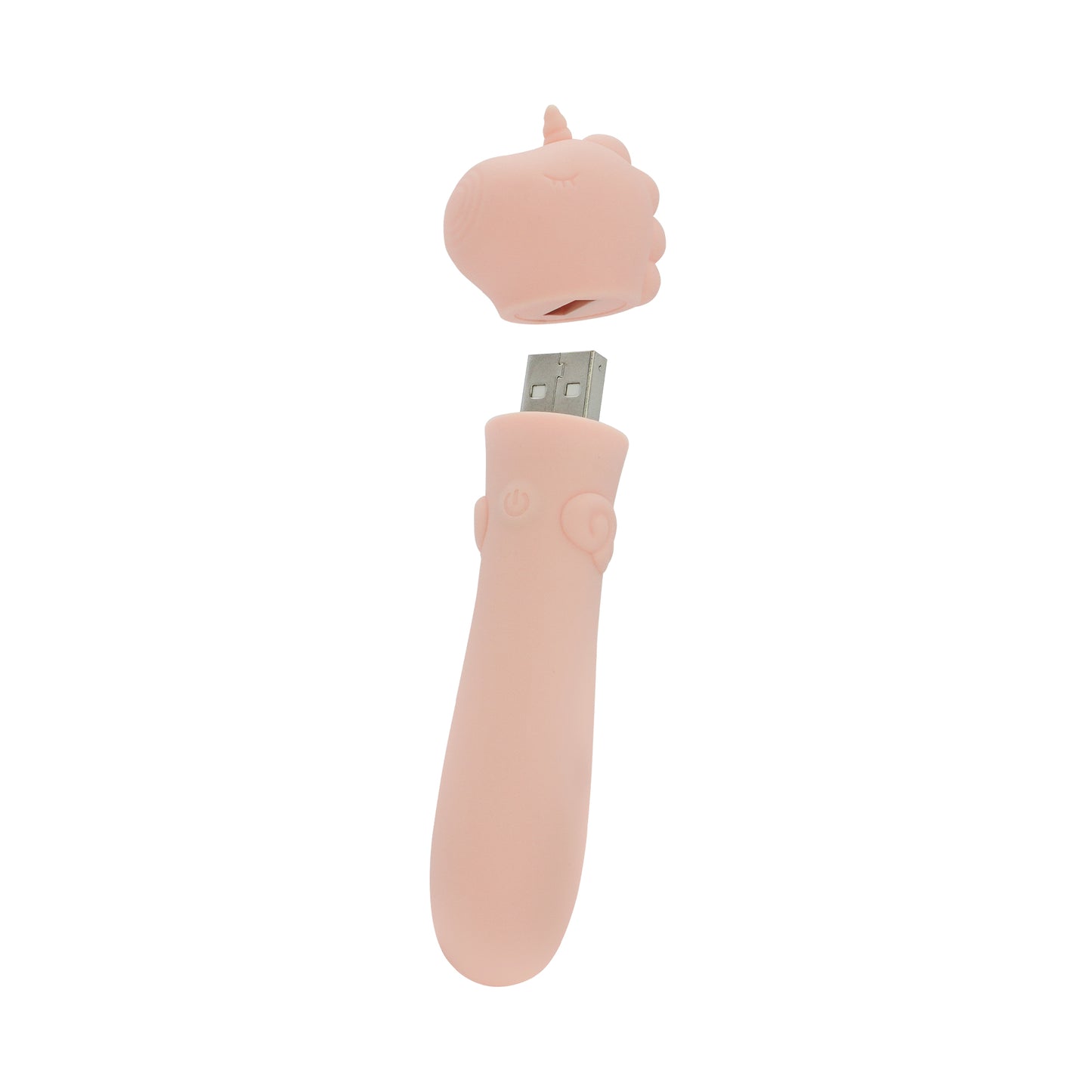 Heart Throb USB bullet vibrator with cap hovering about to show the USB on a white background