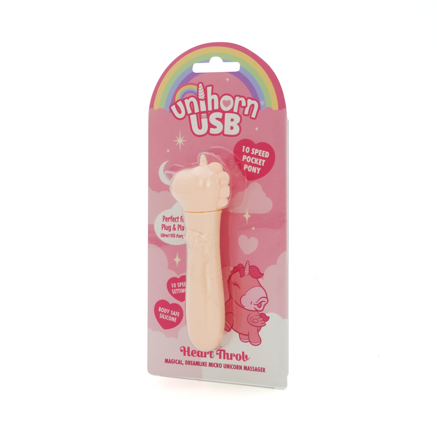 Heart Throb USB bullet vibrator in packaging, facing slightly left, on a white background