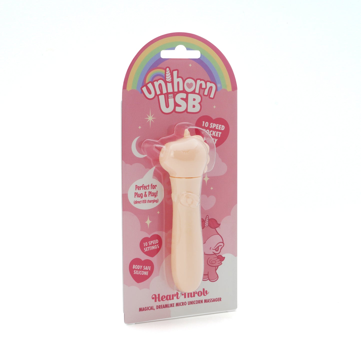 Heart Throb Unihorn USB bullet vibrator in packaging, facing slightly right on a white background