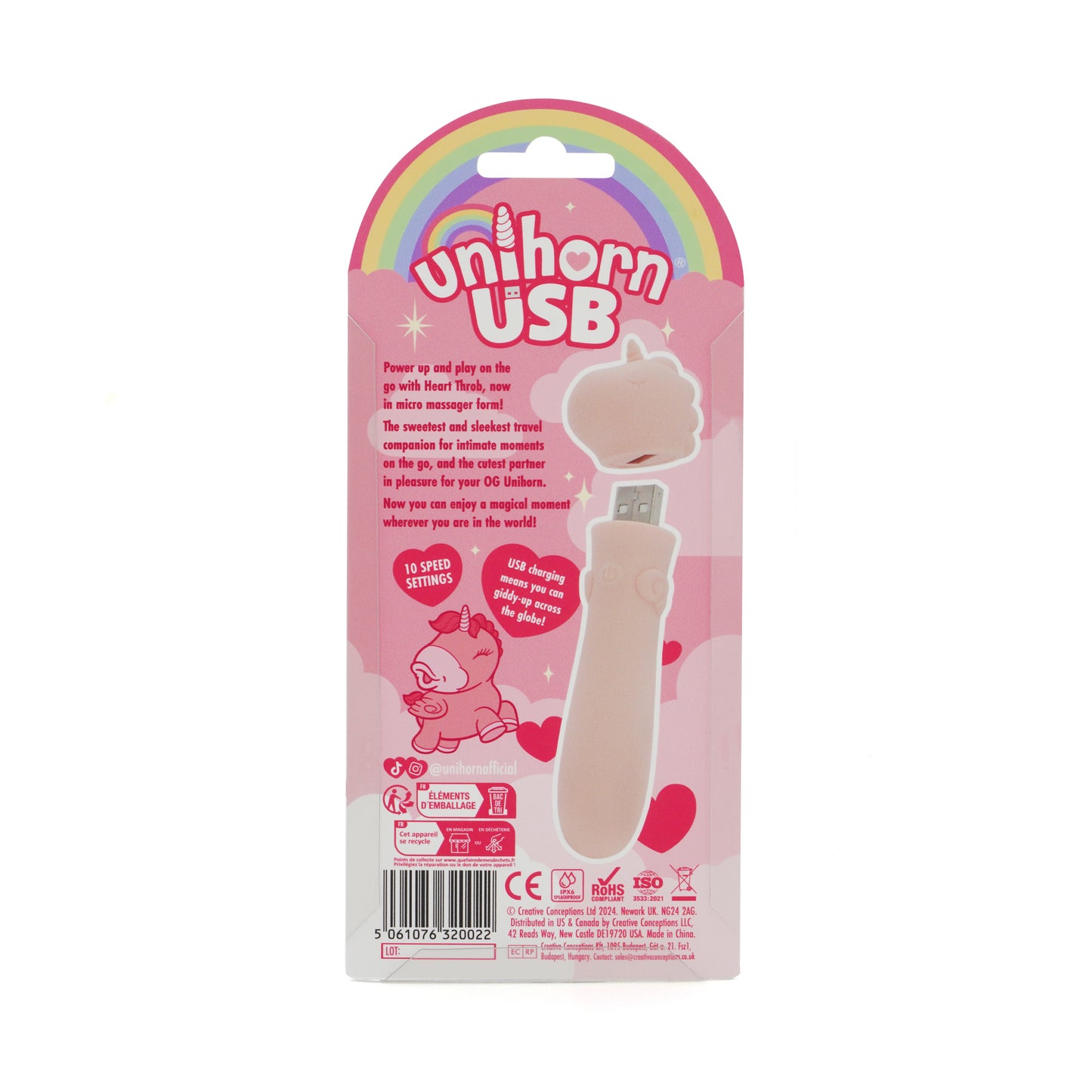 Back of Heart Throb USB bullet packaging, on a white background