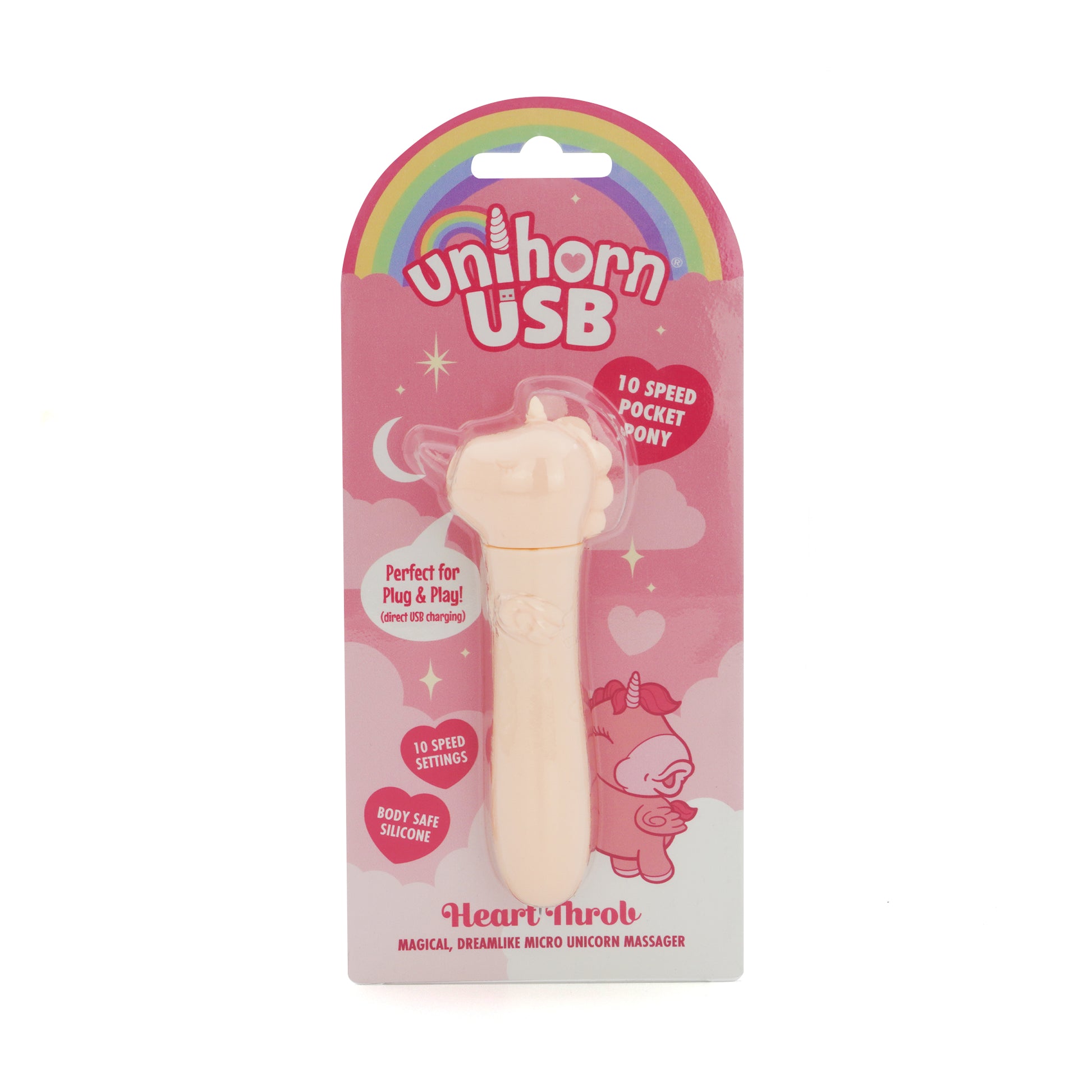 Heart Throb USB bullet vibrator in packaging on a white background