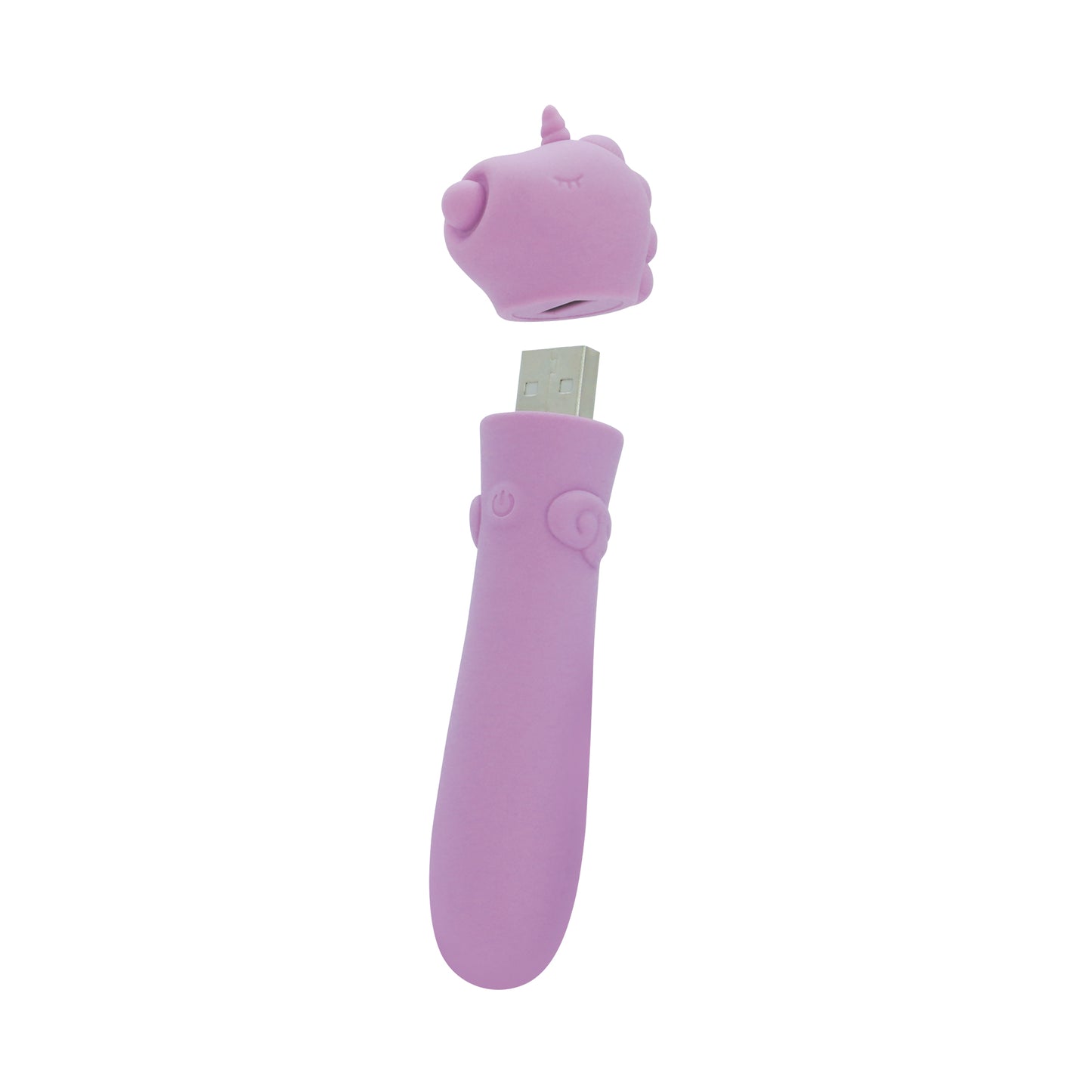 Purple Karma Lilac Unihorn USB bullet vibrator with the head cap off to show the USB on a white background