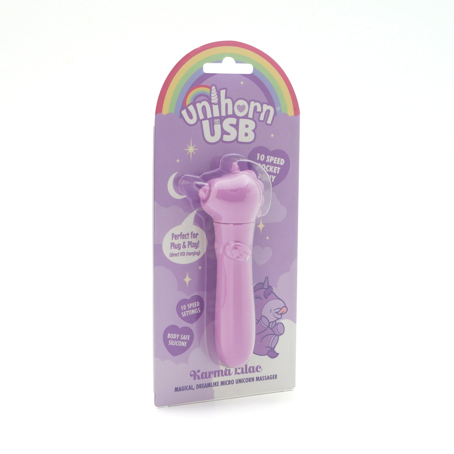 Karma Lilac bullet vibrator in the packaging, facing slightly right, on a white background