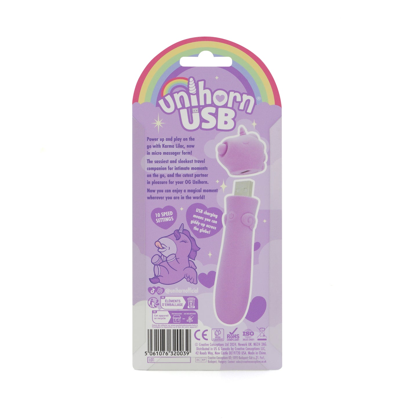 The back of Karma Lilac bullet vibrator packaging on a white background