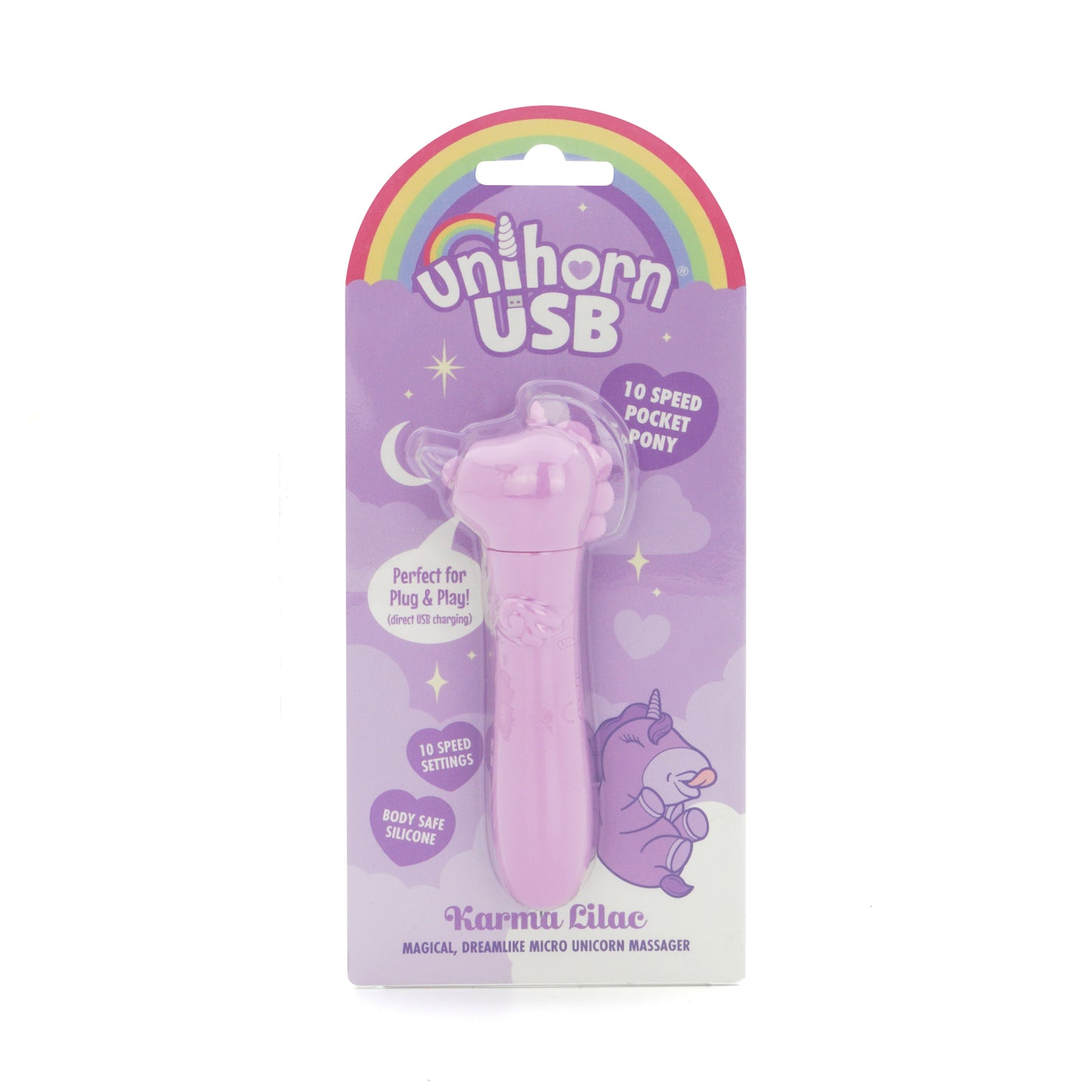 Karma Lilac US bullet vibrator in the packaging, facing the front on a white background
