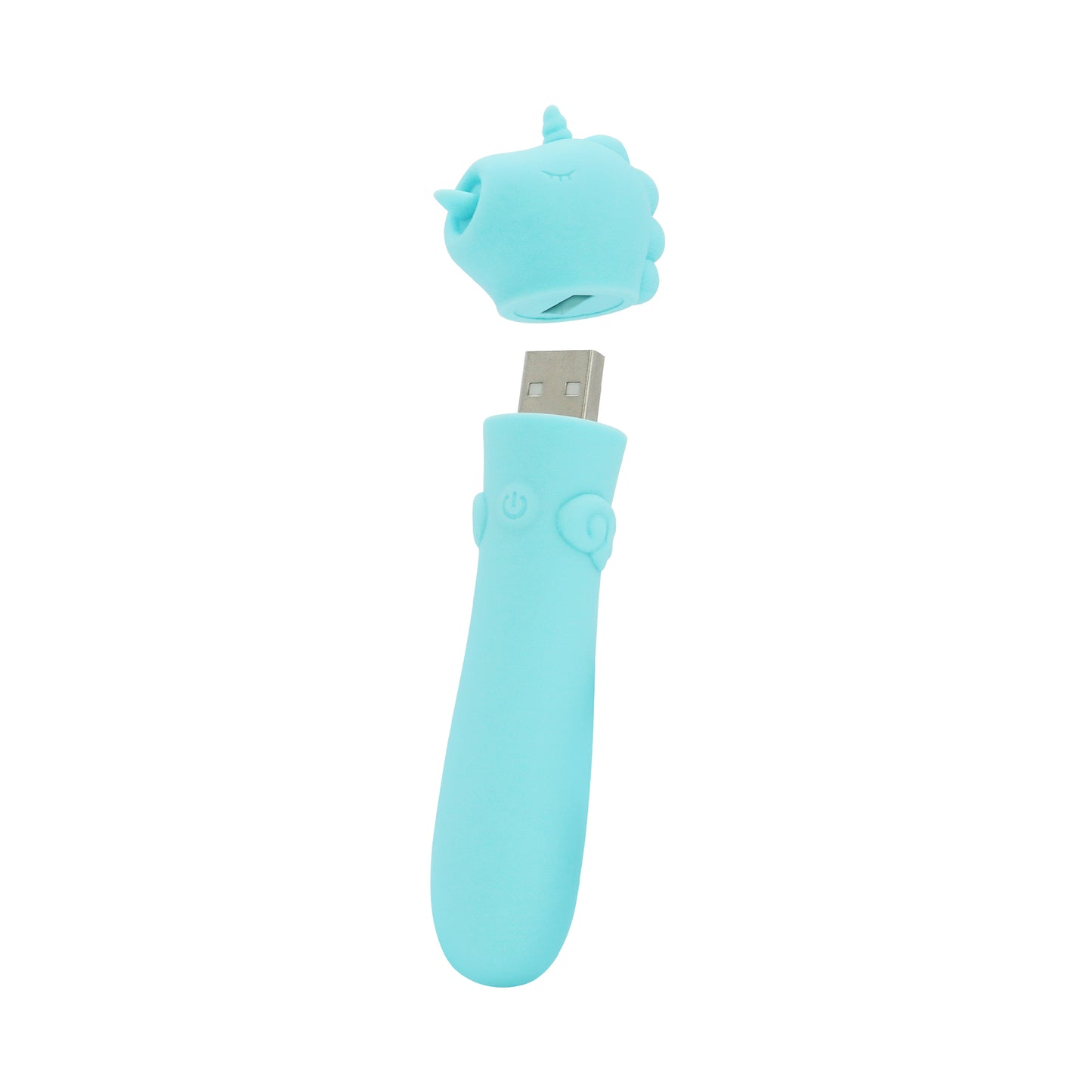 Mount N' Peak blue USB bullet vibrator with cap hovering slightly above, on a white background
