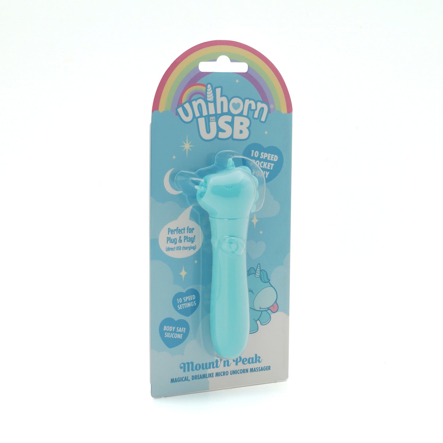 Mount N' Peak USB bullet vibrator in packaging, facing slightly right, on a white background