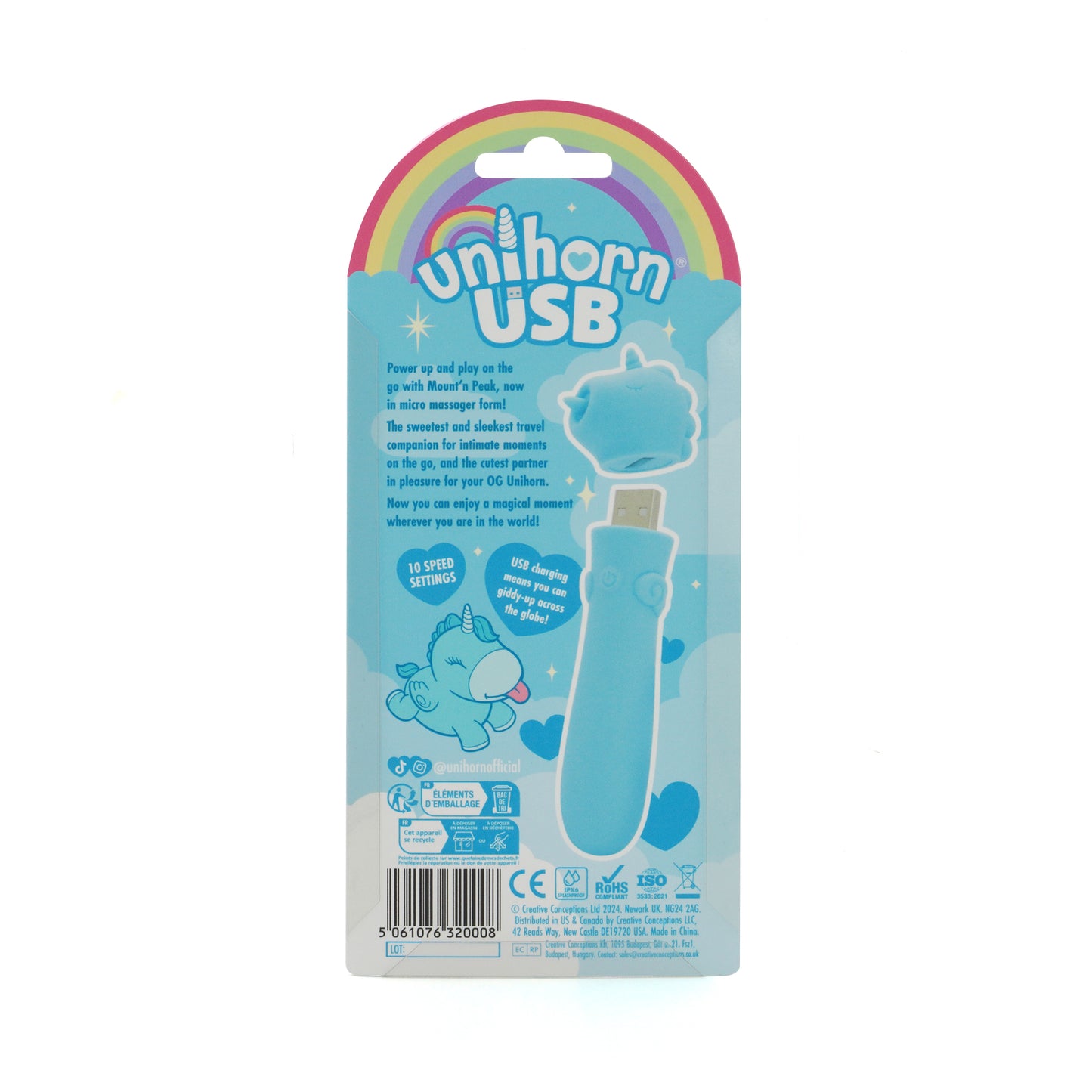 Back of Mount N' Peak USB bullet vibrator packaging on a white background