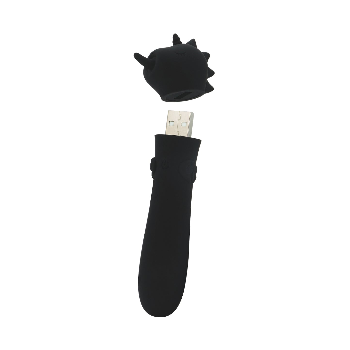 Wild Spirit USB bullet vibrator with the head cap off to show the USB on a white background