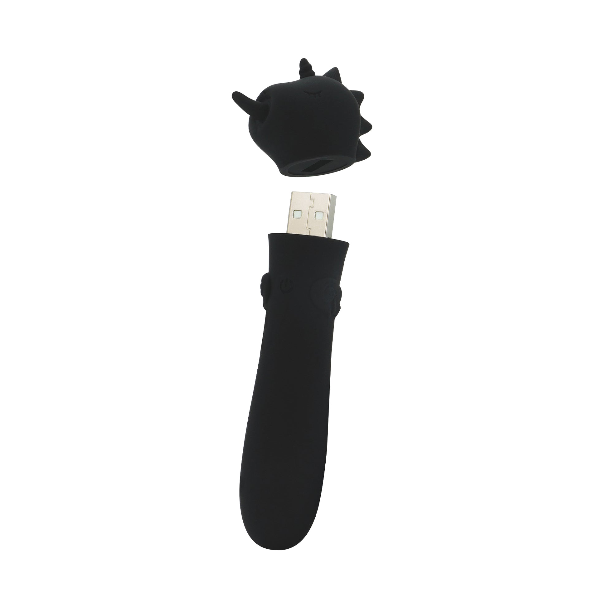 Wild Spirit USB bullet vibrator with the head cap off to show the USB on a white background