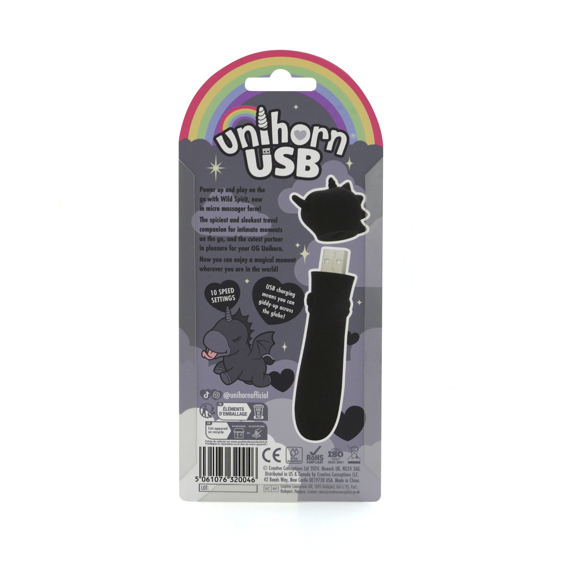 The back of Wild Spirit Unihorn bullet vibrator packaging on a white background