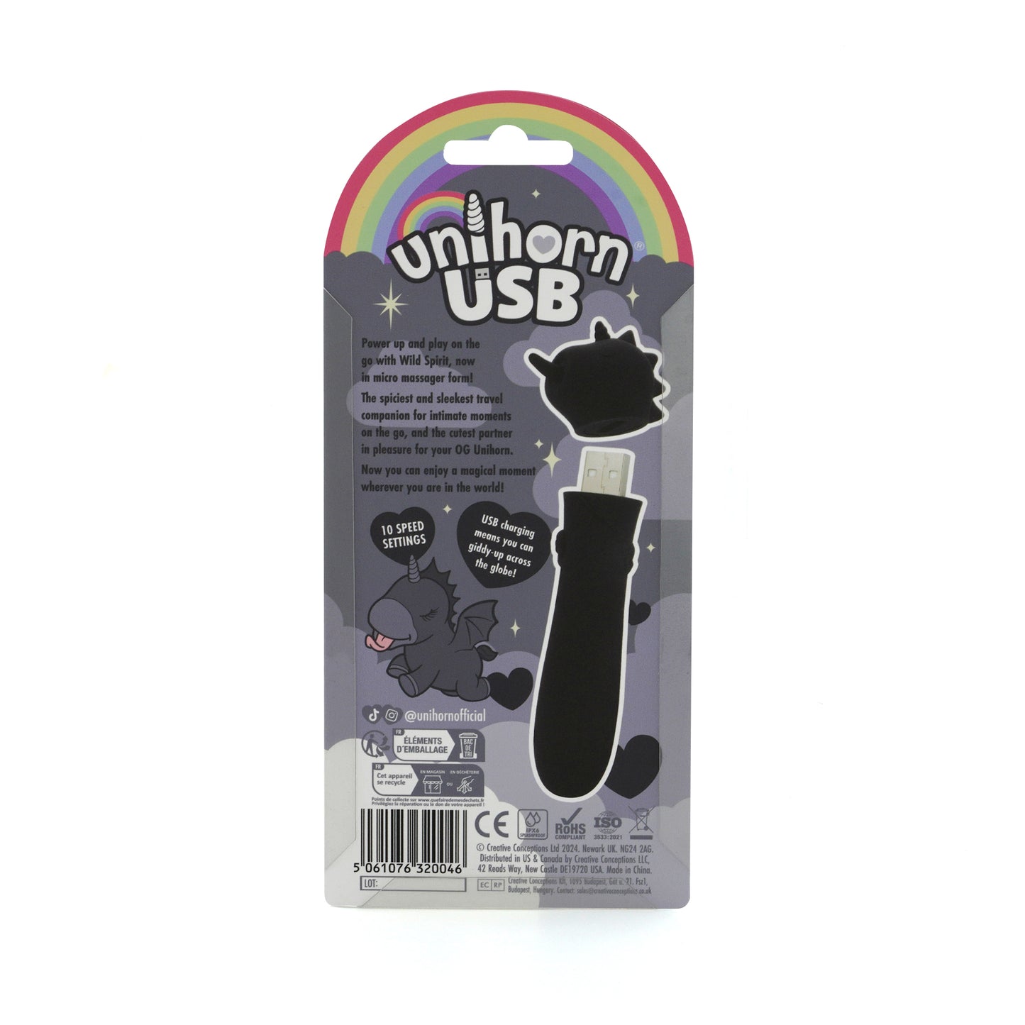 The back of Wild Spirit Unihorn bullet vibrator packaging on a white background
