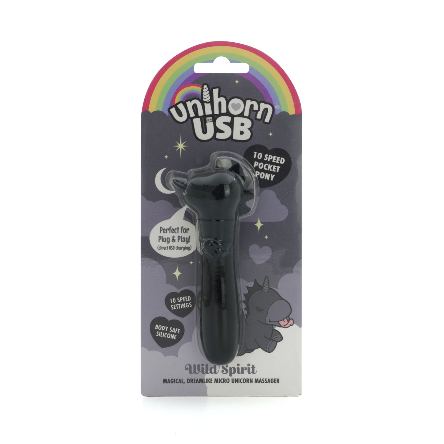 Wild Spirit USB bullet vibrator facing forward in the packaging on a white background