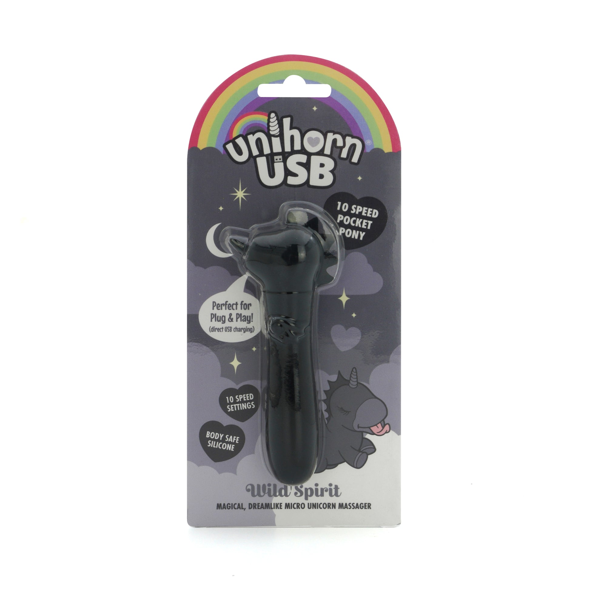 Wild Spirit USB bullet vibrator facing forward in the packaging on a white background