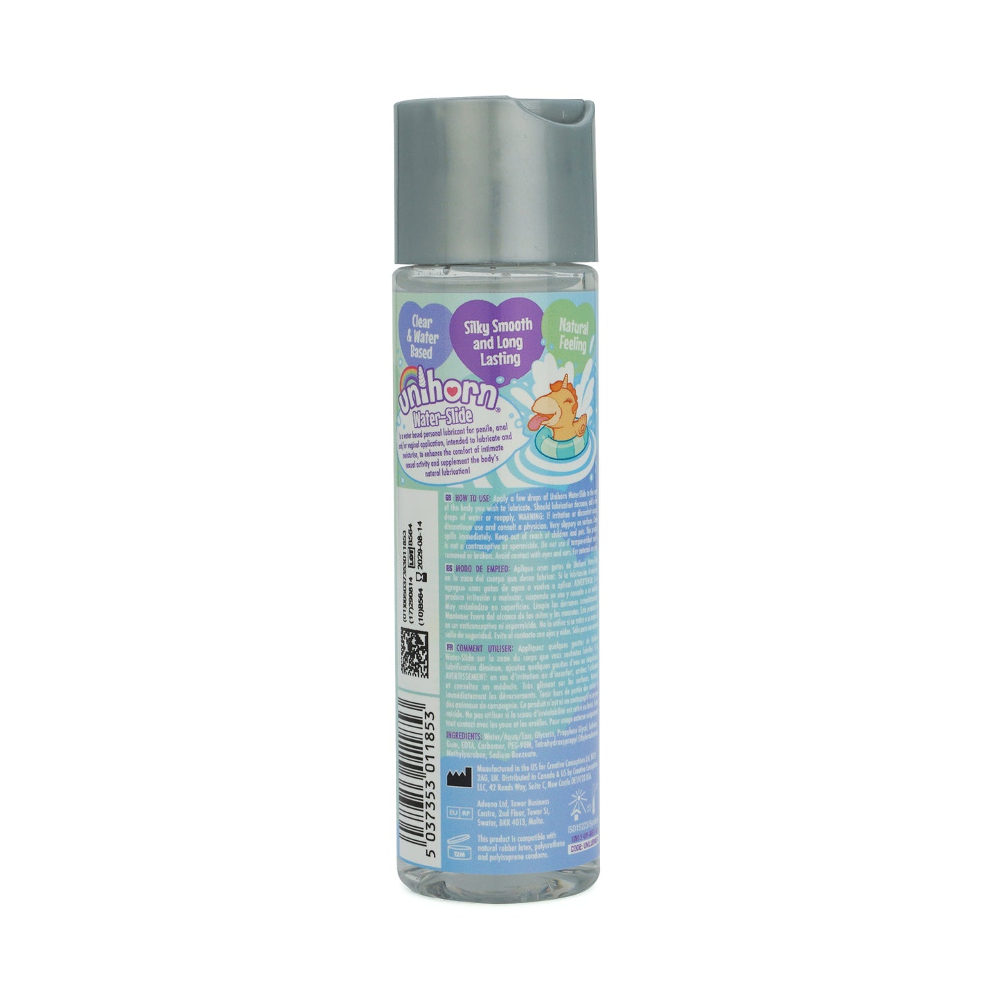 Bottle of Unihorn water based lube facing the back to show the back of the bottle on a white background