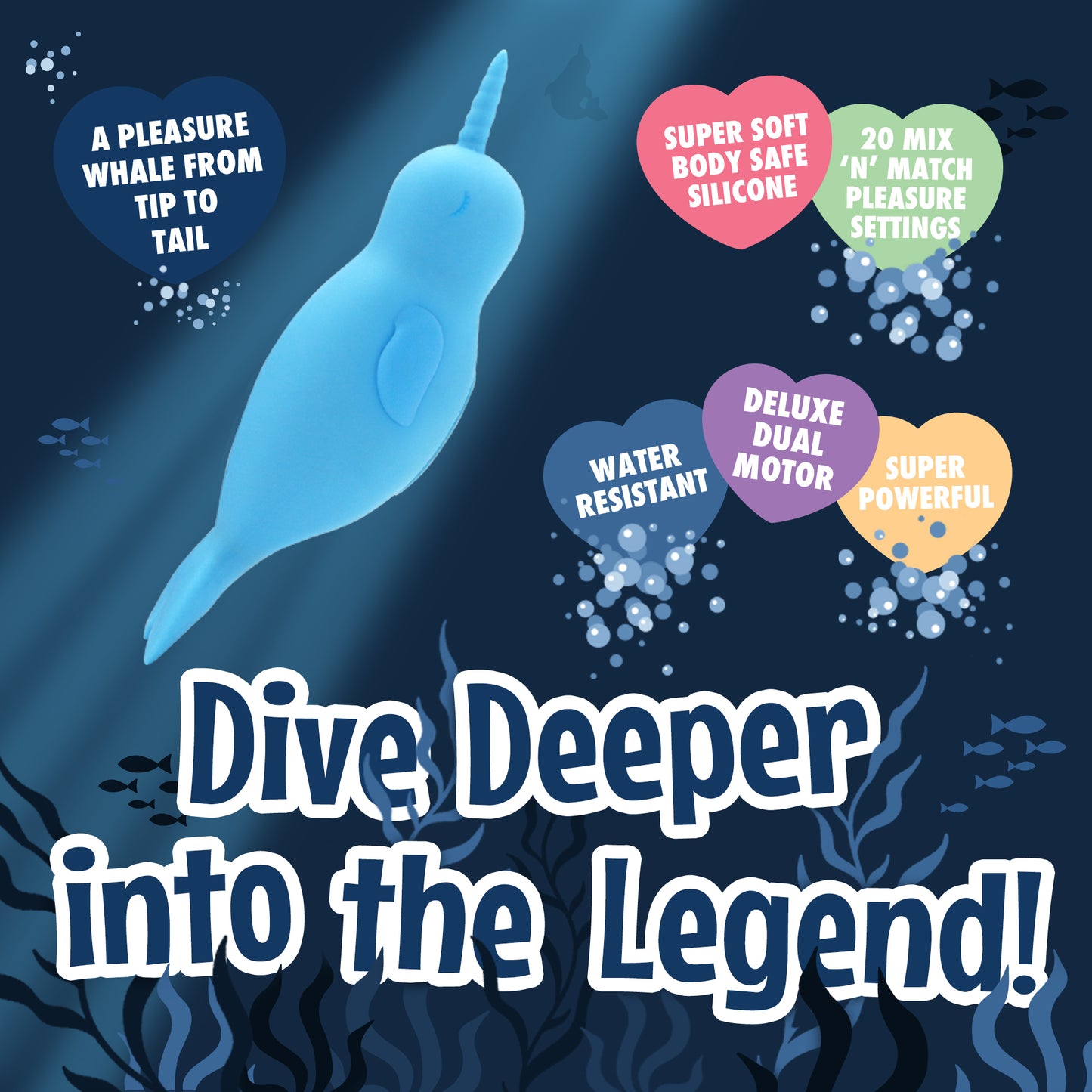 Unihorn Neigh Mo vibrator on a navy underwater-themed background with various product features in different coloured hearts and text "Dive Deeper into the Legend"