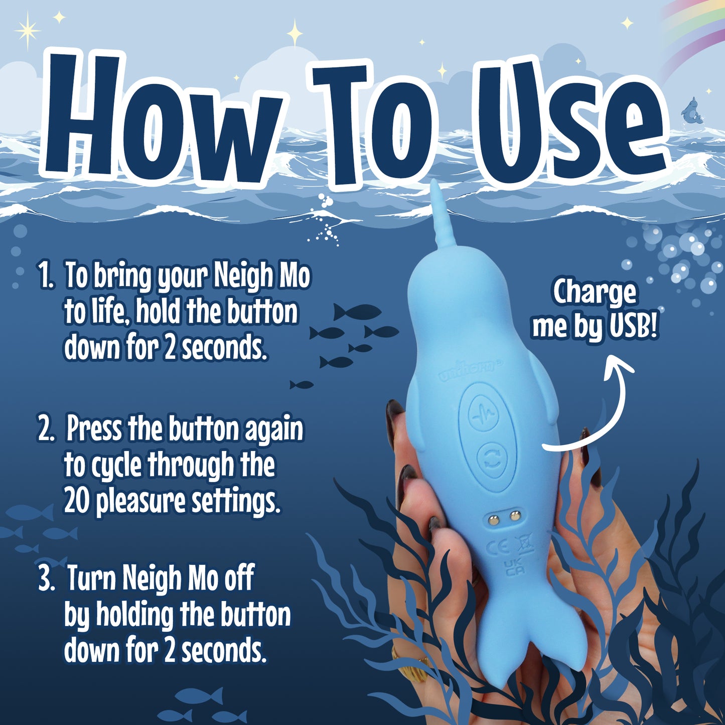 An informative poster of how to use the Unihorn Neigh Mo Narwhal in three steps with an ocean-themed background