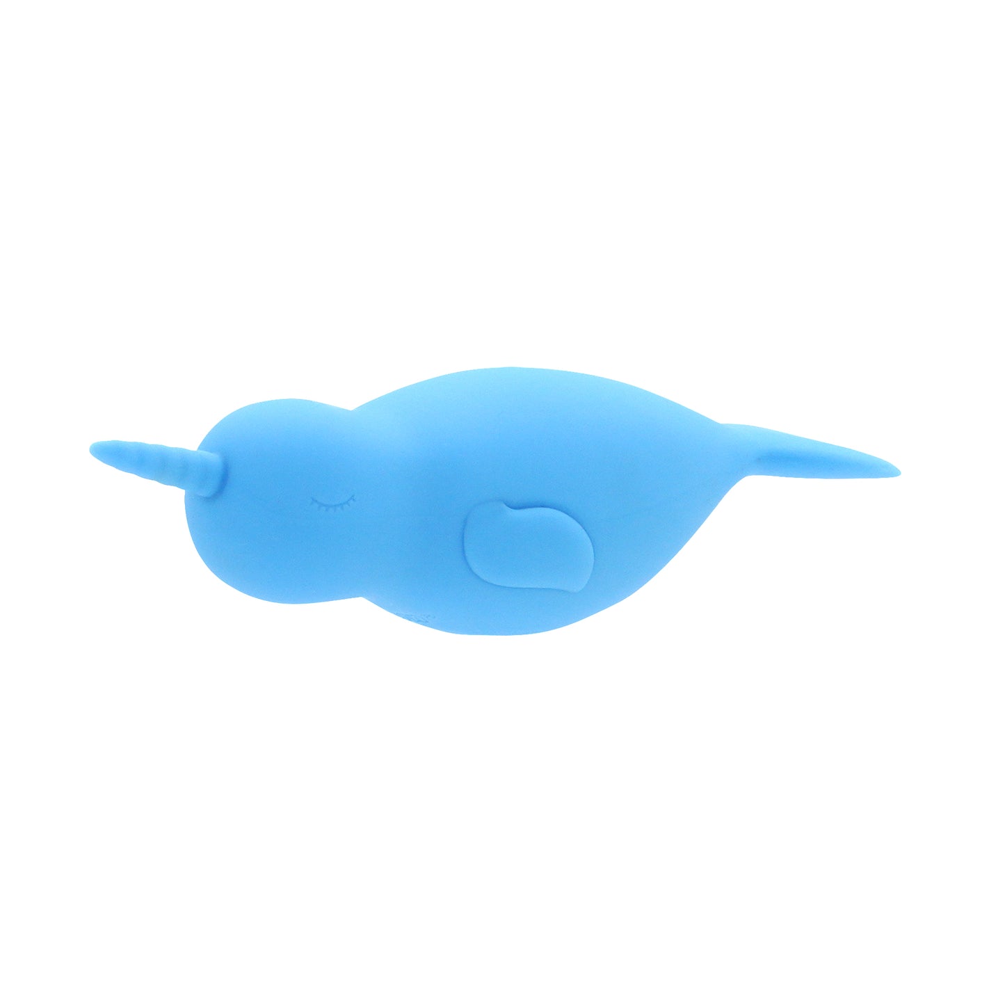 A blue, silicone vibrator designed to resemble a mythical narwhal. The device features a smooth, curved horn and a flicking tail.
