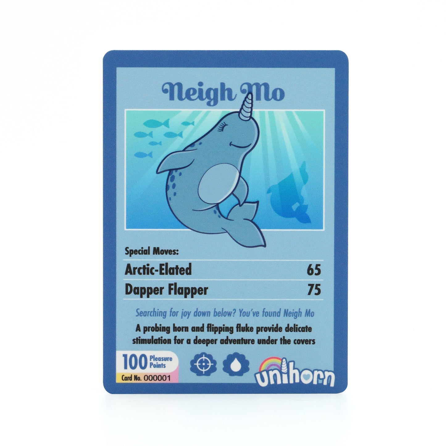 Neigh Mo Unihorn top-trumps style card on a white background with Neigh Mo cartoon narwhal graphic and special moves