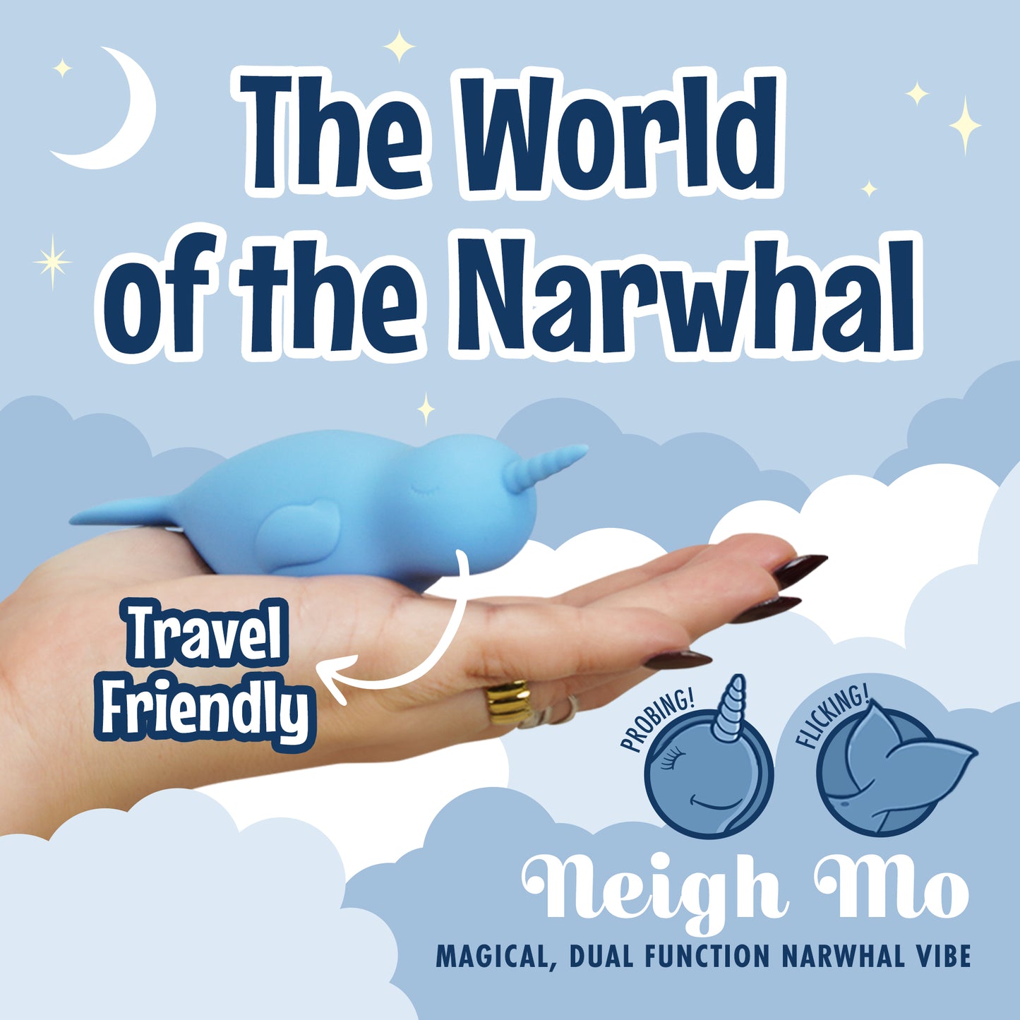 Angled Neigh-Mo Unihorn vibrator in a hand with text "The World of the Narwhal" and a pale blue sky-style background