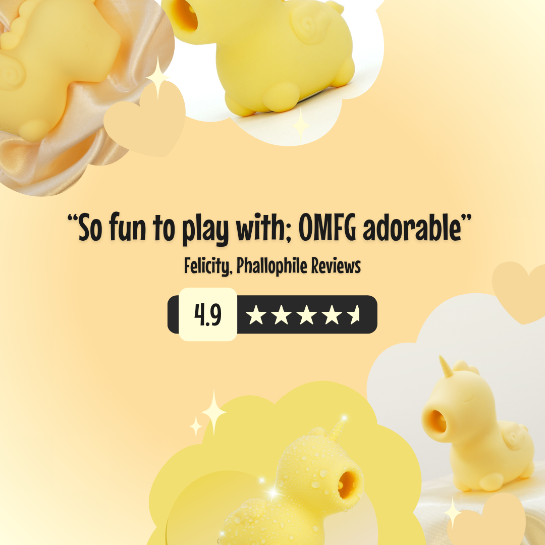 Yellow poster of Bean Blossom OG Unihorn with central review in black text "so fun to play with; omfg adorable" and a 4.9 star rating