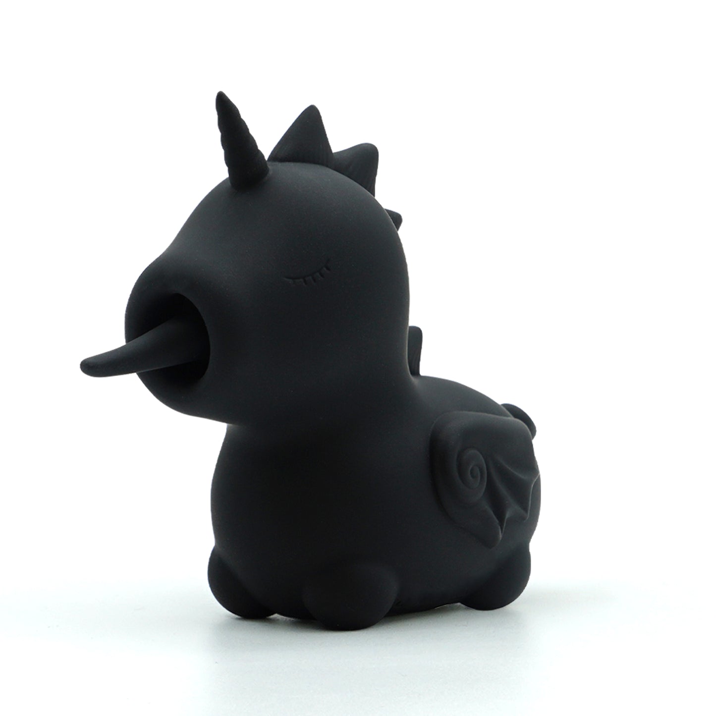 Black Wild Spirit Unihorn vibrator turned slightly to the left, on a white background