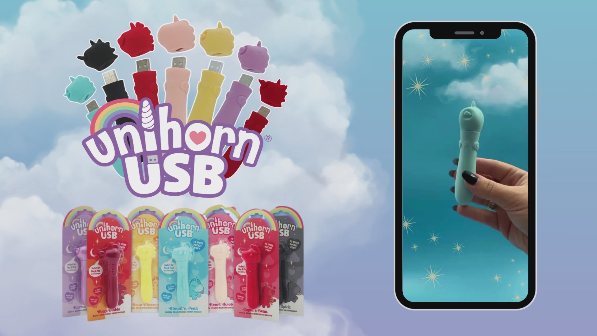 Unihorn USB poster with cloudy sky background and full Unihorn USB collection alongside a video demonstrating how they look and turn on