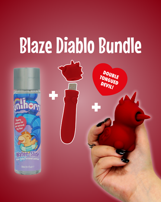 Blaze Diablo Unihorn vibrator bundle poster containing Unihorn lube, Blaze Diablo USB, and Blaze Diablo OG Unihorn on a red background - red heart text "double tongued devil"