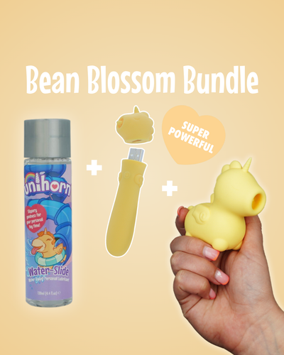 Bean Blossom Unihorn vibrator bundle poster containing Unihorn lube, Bean Blossom USB, and Bean Blossom OG Unihorn on a yellow background - yellow heart text "super powerful"