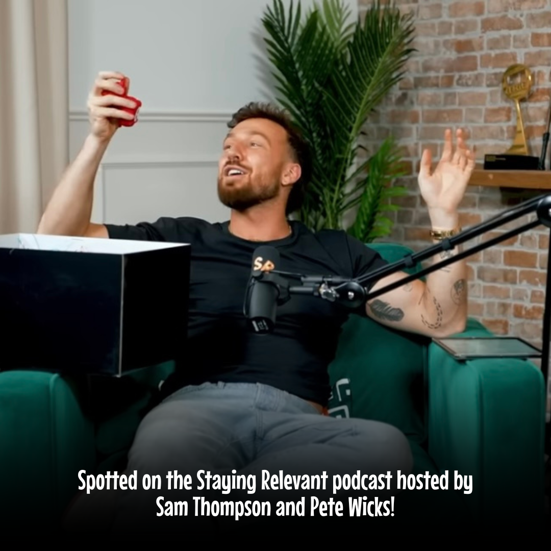 Sam Thompson sitting on a green couch with a microphone holding a Blaze Diablo Unihorn, text overlay about the Staying Relevant podcast.