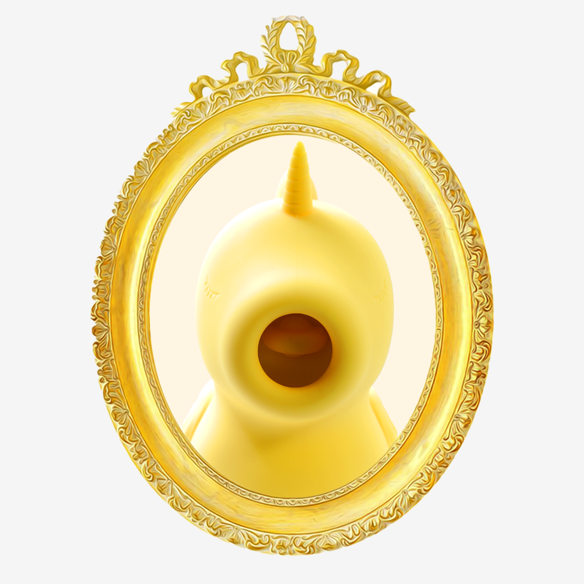 Bean Blossom original unihorn facing forward in a yellow oval frame on a white background