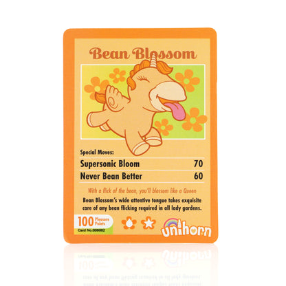 Yellow Bean Blossom collectors card on a white background