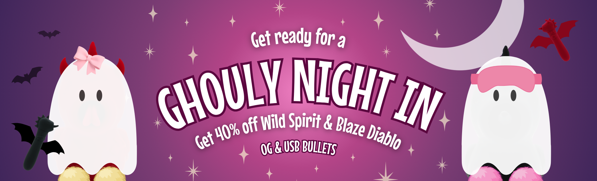 Purple promotional banner for a "Ghouly night in" with two ghost characters and flying Unihorn USBs - "40% off Wild Spirit & Blaze Diablo OG & USB Bullets" text