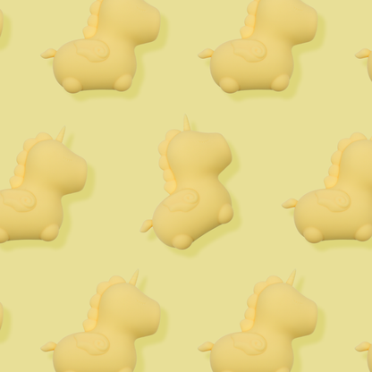 7 Bean Blossom Unihorn's spread out evenly, facing the rights, on a bright yellow background