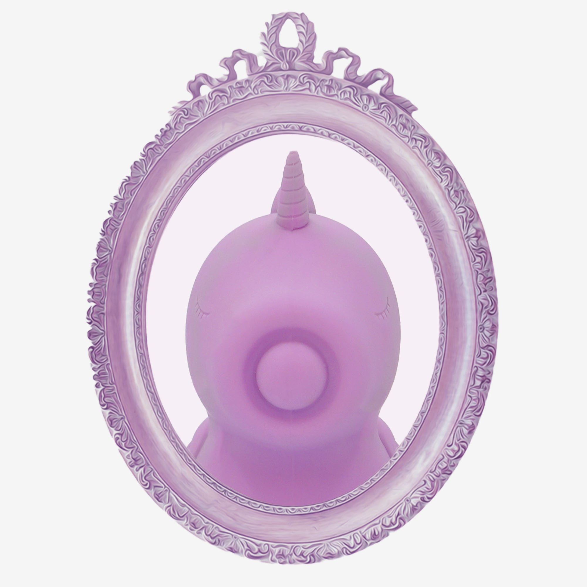 Karma Lilac OG Unihorn facing viewer in an oval lilac frame on a white background