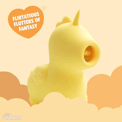 Gif of bean blossom unihorn fluttering tongue and pulsing heart with text "flirtatious flutters of fantasy" on a yellow background with clouds