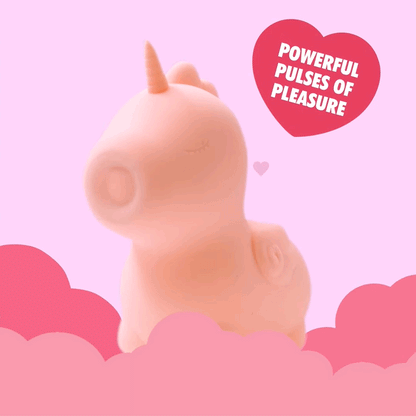 Gif of heart throb unihorn pulsing tongue and heart with text "powerful pulses of pleasure" on a pink background with clouds