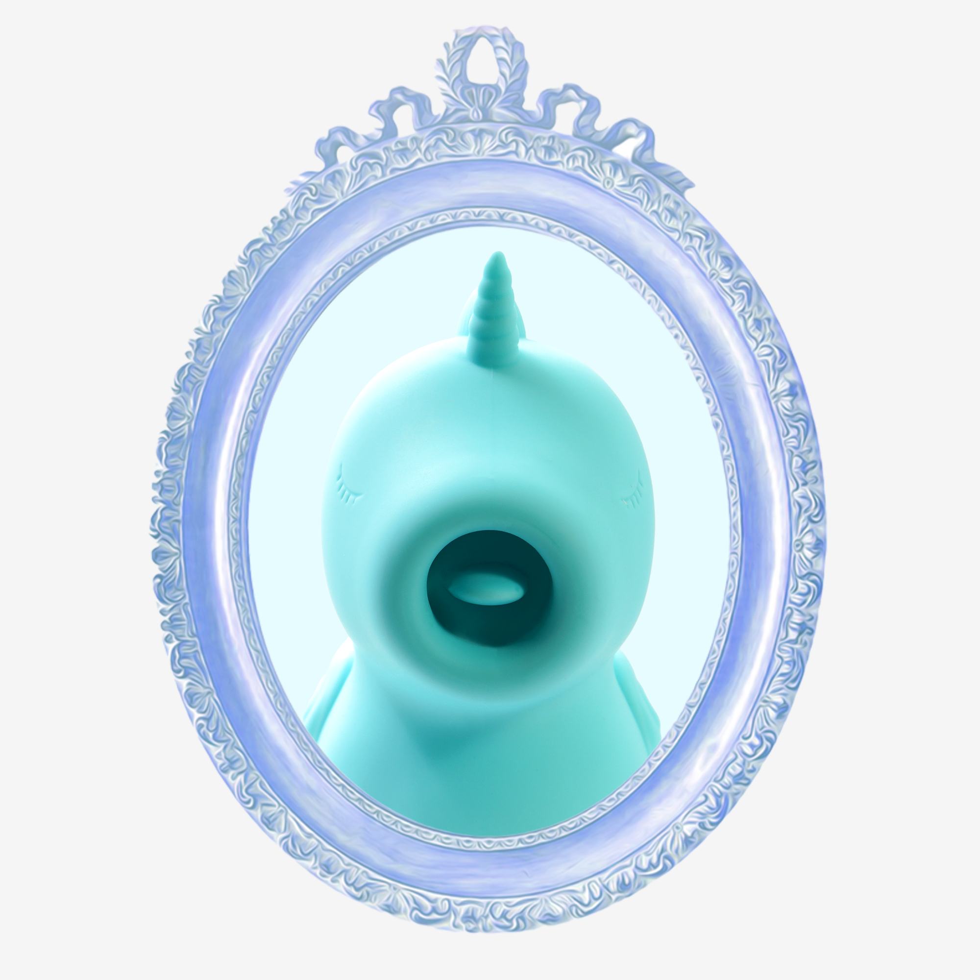 Mount'n peak original unihorn facing forwards in a blue oval frame on a white background